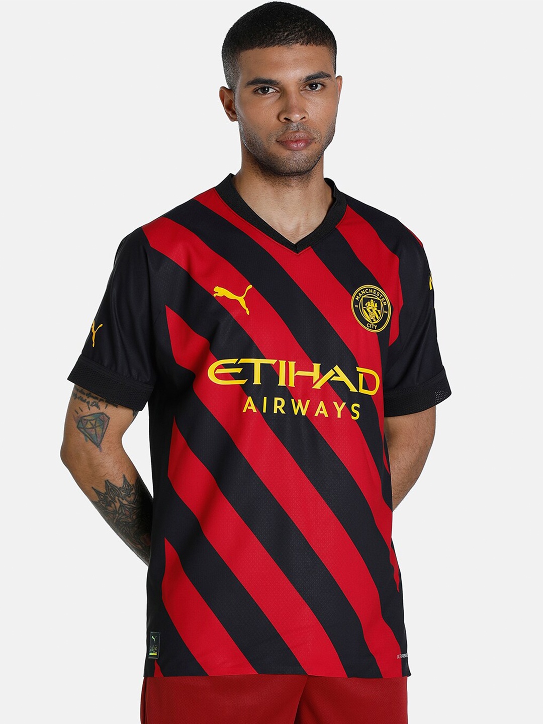 

Puma Men Black & Red Manchester City F C Away 22/23 Authentic V-Neck Jersey T-shirt