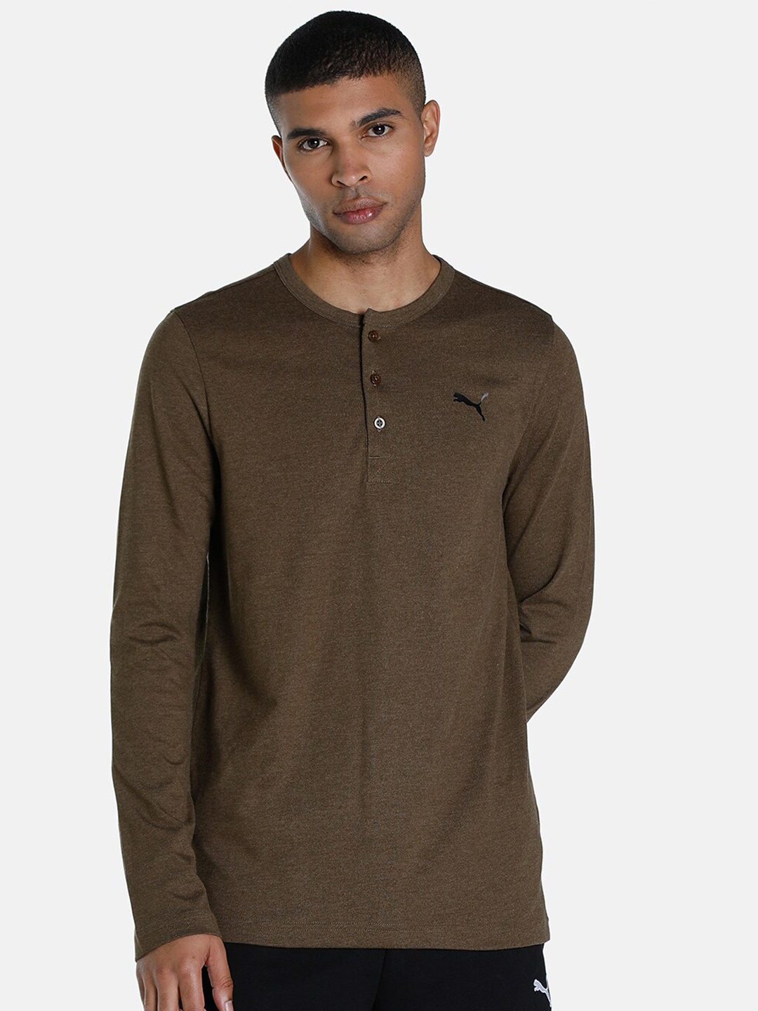 

Puma Men Olive Green Solid Regular Fit Henley Neck Cotton T-shirt