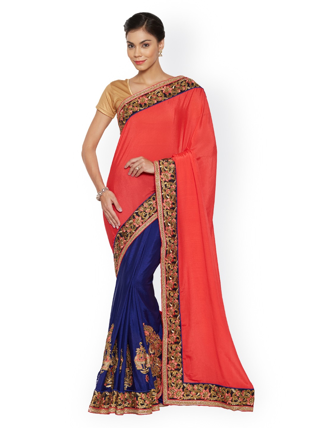 

Nimayaa Orange & Blue Pure Silk Embroidered Saree