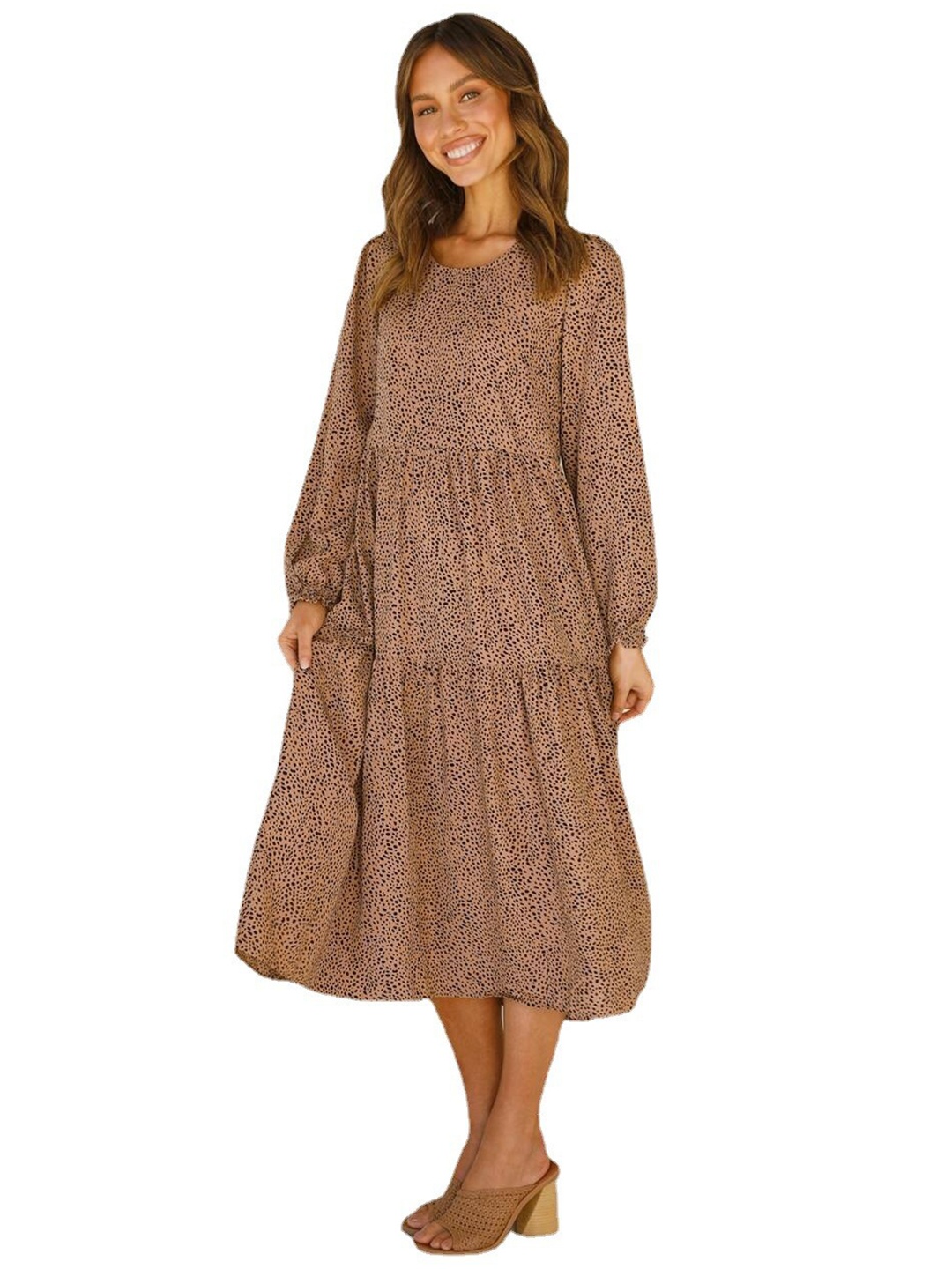 

BoStreet Women Brown & Black Animal Print Layered A-Line Midi Dress
