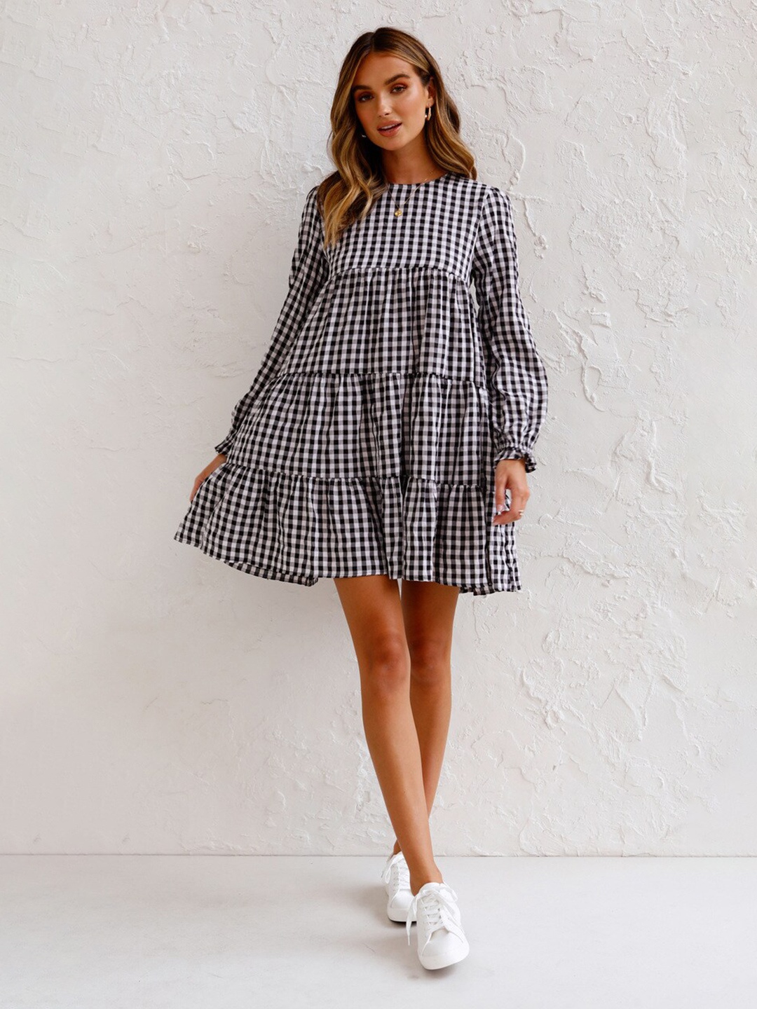 

BoStreet Women Black & White Checked A-Line Dress