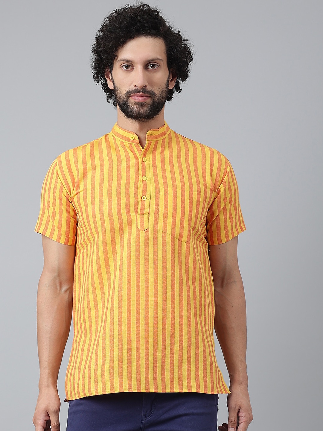 

RIAG Men Yellow Striped Casual Short Printed Kurta