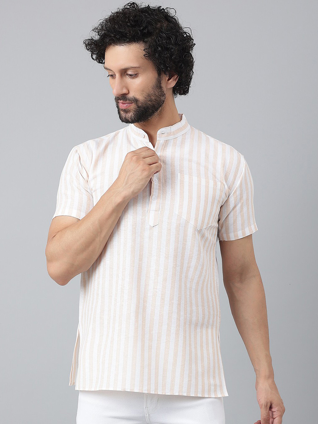 

RIAG Men White & Beige Striped Printed Casual Short Cotton Kurta