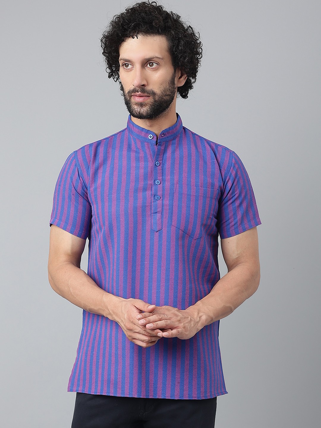 

RIAG Men Navy Blue & Pink Striped Cotton Kurta