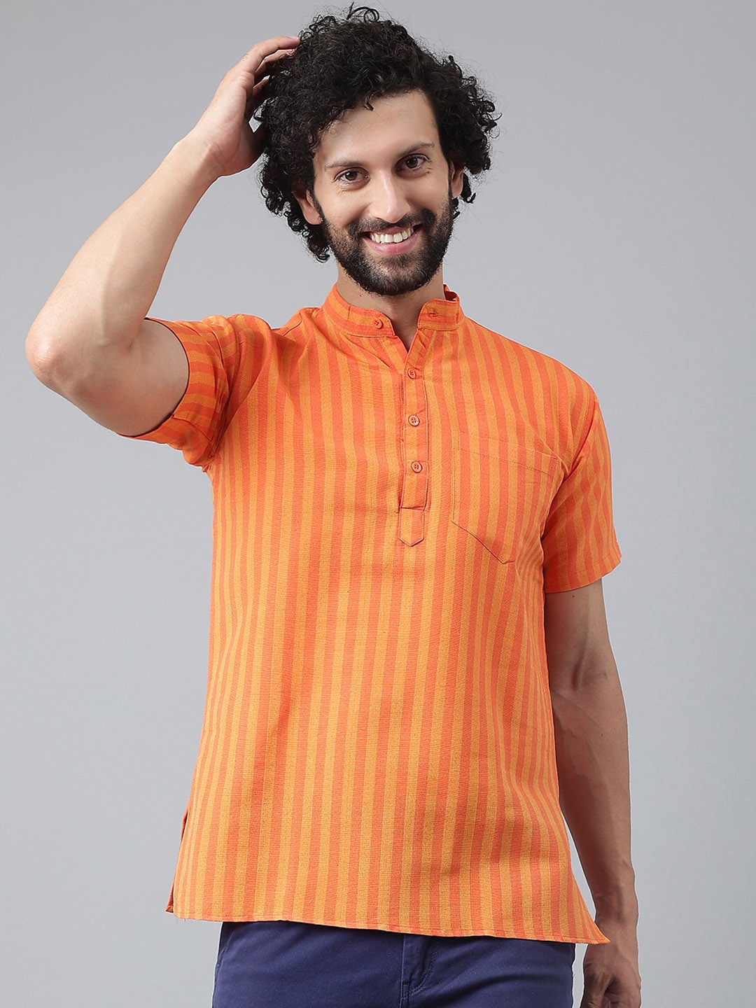 

RIAG Men Orange Striped Casual Short Printed Khadi Kurta