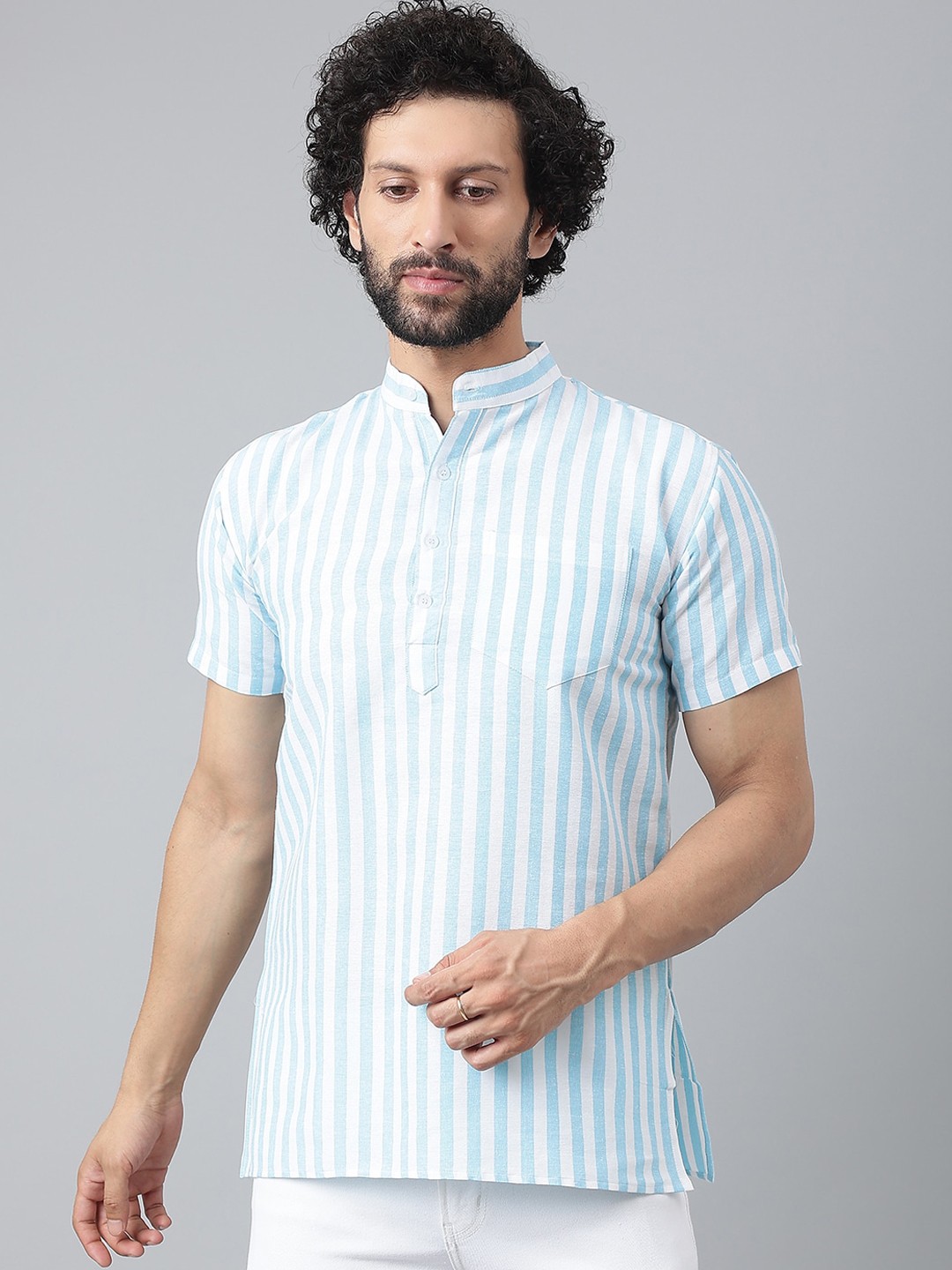 

RIAG Men Blue Striped Cotton Khadi Kurta