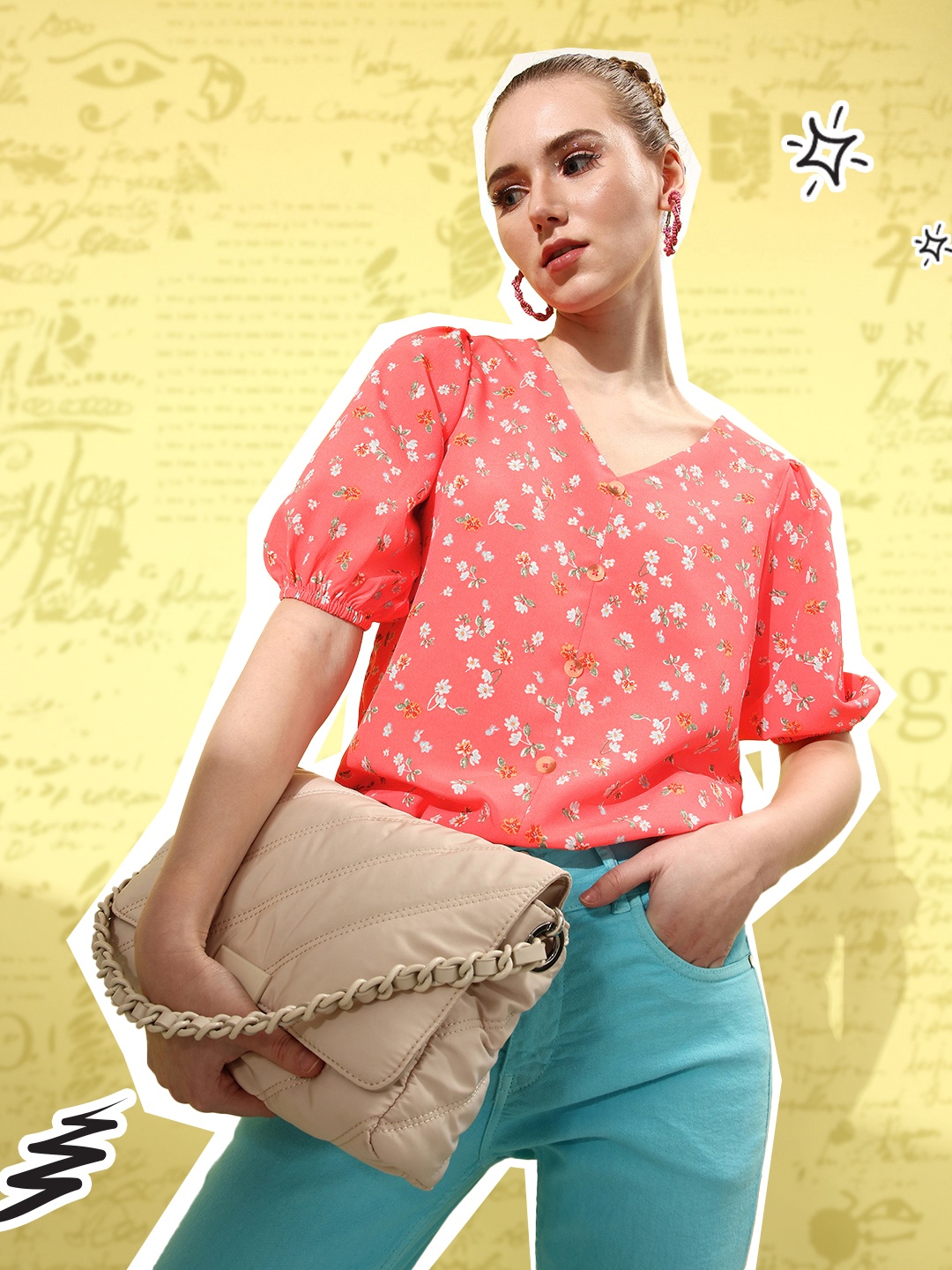 

Mast & Harbour Candy Pink & Green Preppy College Cool Vacay Attire Floral Print Top