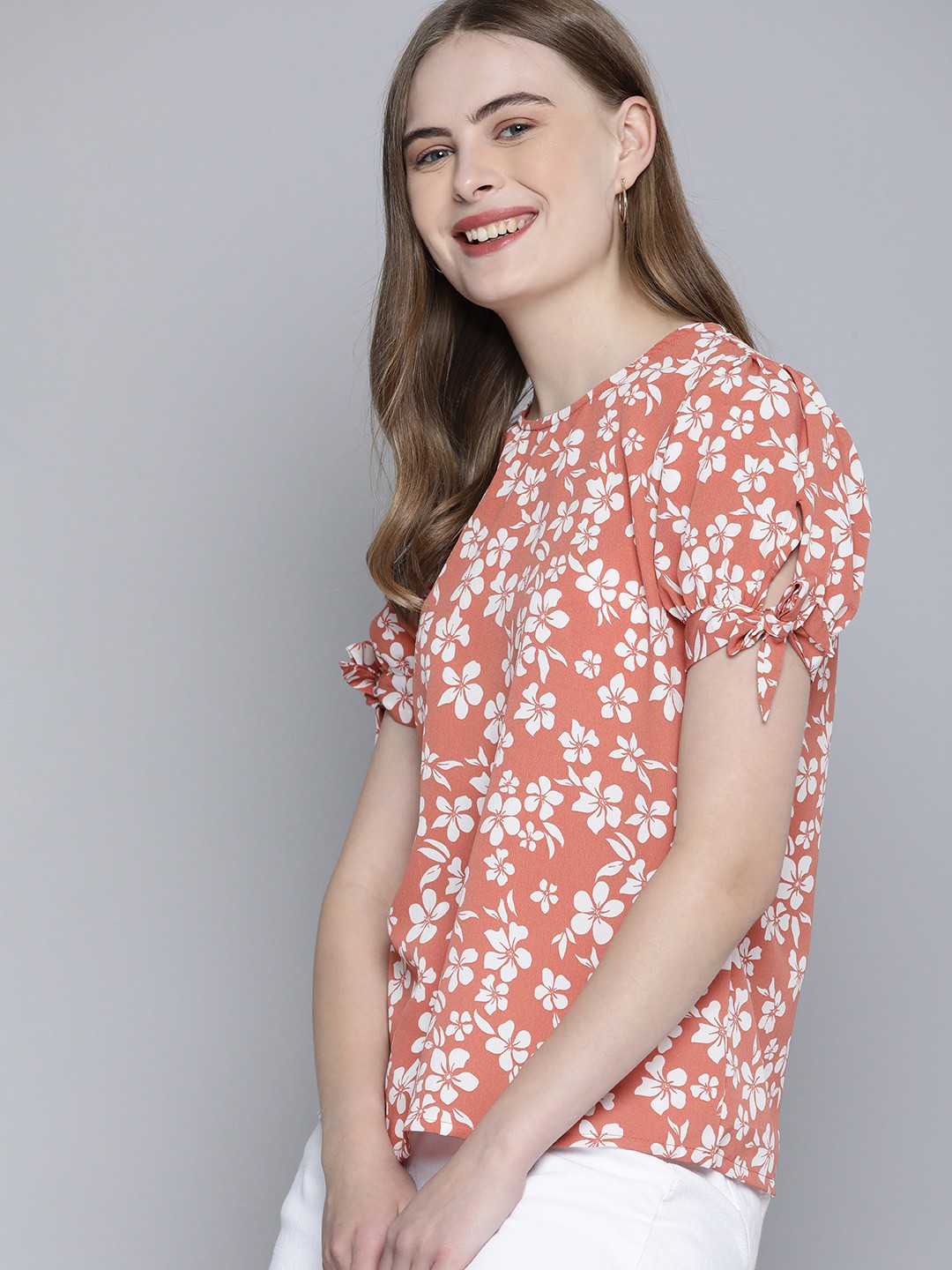

M&H Our Water Round Neck Puff Sleeves Floral Print Regular Top, Peach