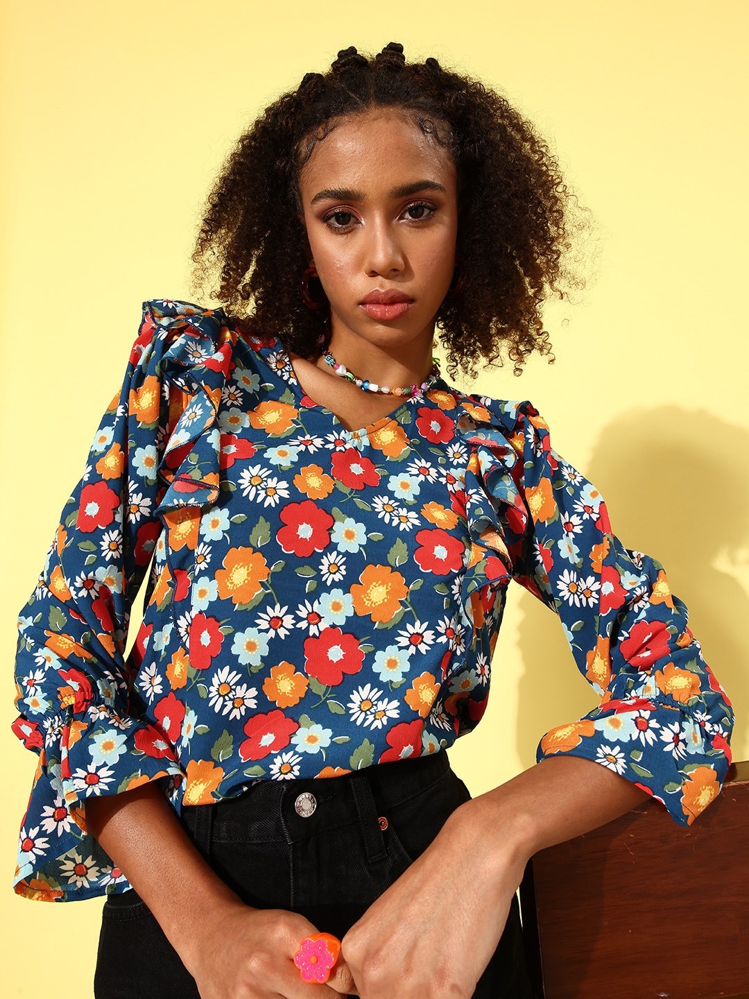 

Mast & Harbour Deep Navy Blue & Multi Retro Optimism Floral Print Indie Gal Ruffles Top
