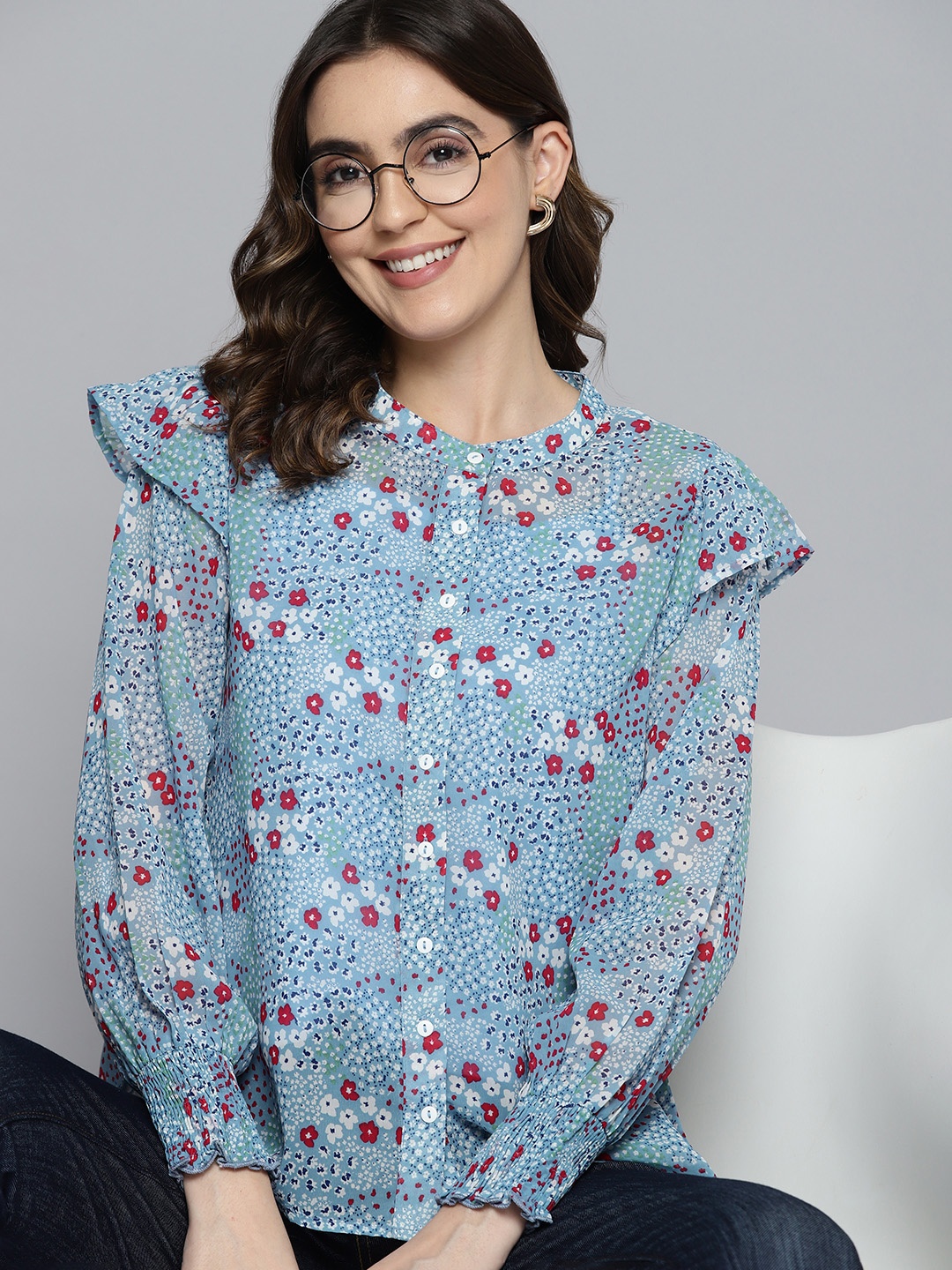 

Mast & Harbour Floral Printed Ruffles Detailed Mandarin Collar Casual Shirt, Blue