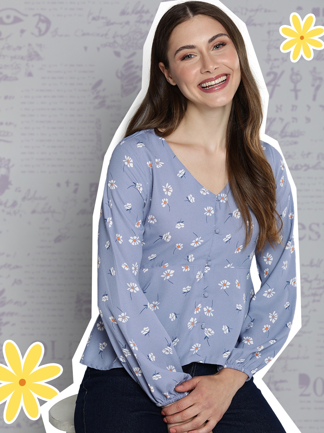 

Mast & Harbour V Neck Long Sleeves Floral Print Regular Top, Lavender