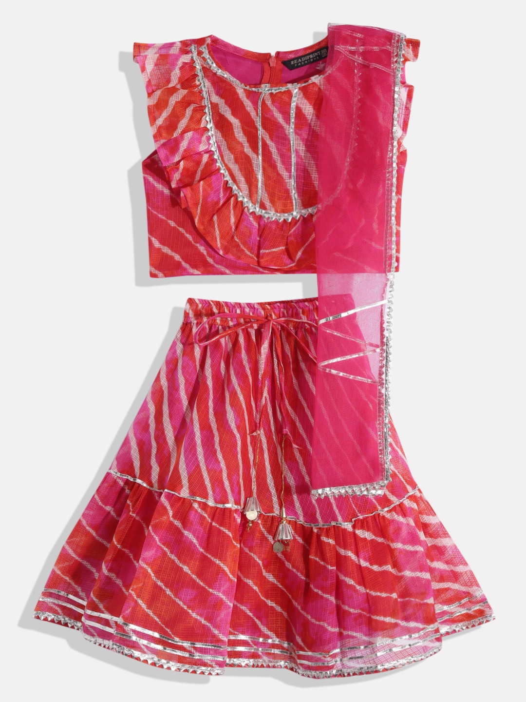 

Readiprint Fashions Girls Pink & Red Printed Ready to Wear Lehenga & Blouse With Dupatta