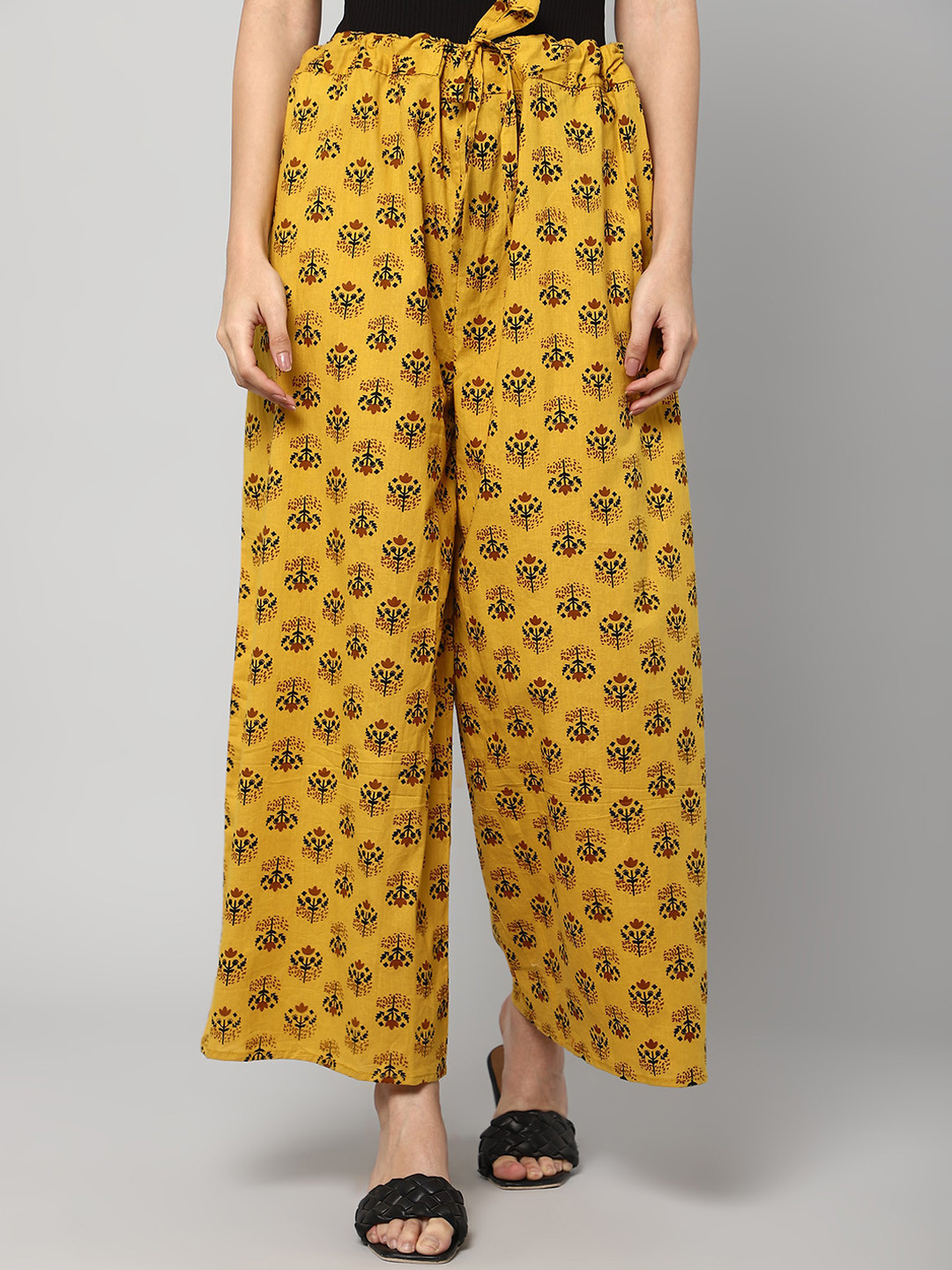 

Aditi Wasan Women Yellow Ethnic Motifs Printed Relaxed Straight Leg Loose Fit High-Rise Trousers