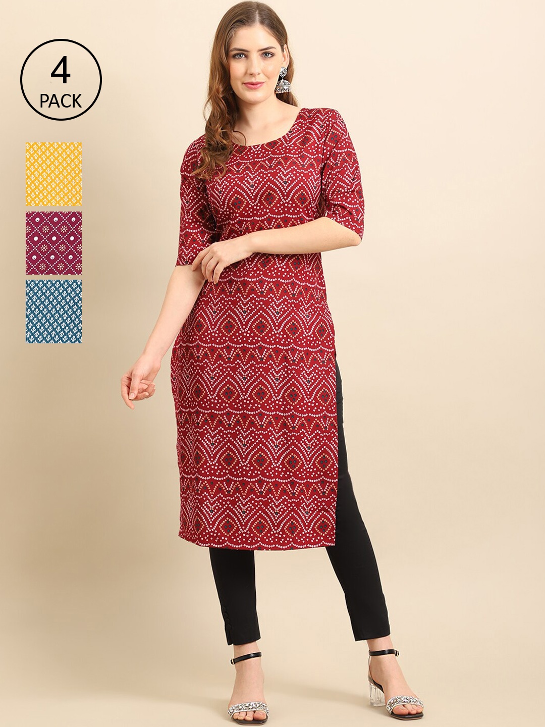 

Ethnic basket Women Pack of 4 Red & Yellow Printed Crepe Kurta