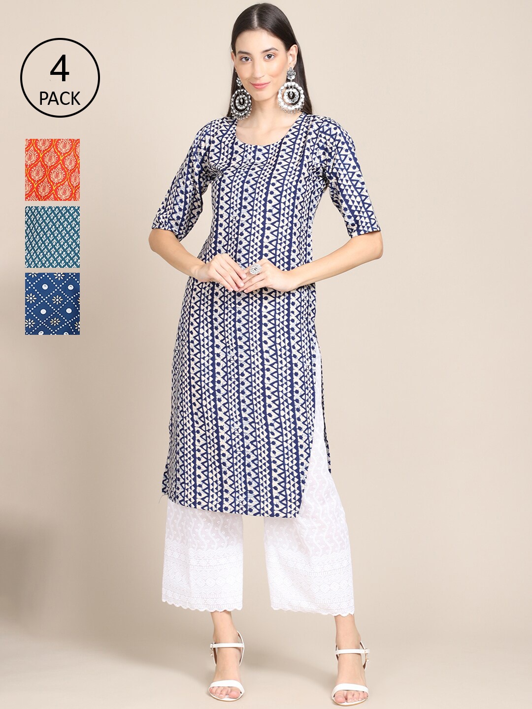 

Ethnic basket Women Pack of 4 Geometric Printed Crepe Straight Kurta, Blue