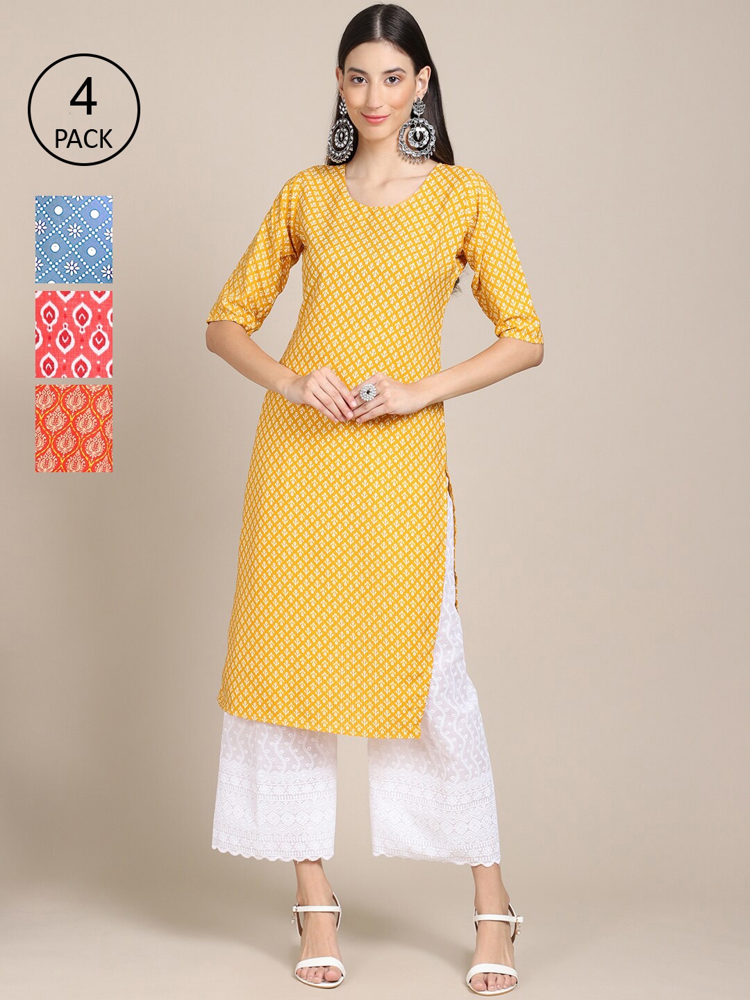

Ethnic basket Women Pack of 4 Yellow & Blue Ethnic Motifs Printed Crepe Kurta