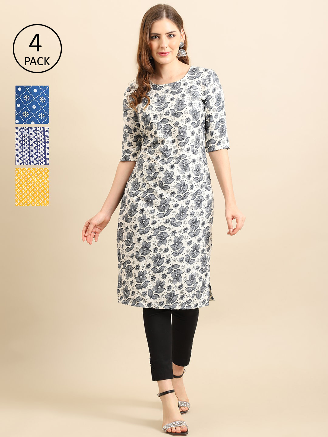 

Ethnic basket Women Pack Of 4 Ethnic Motifs Printed Crepe Kurta, Blue