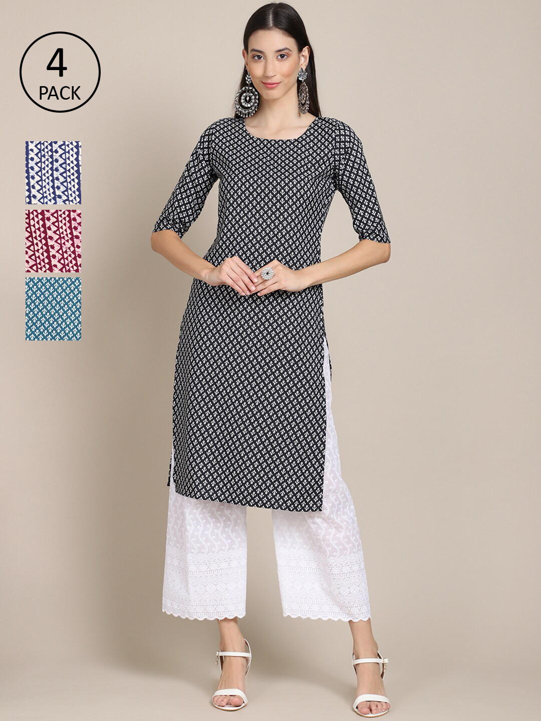 

Ethnic basket Women Pack of 4 Black & Blue Geometric Printed Crepe Kurta