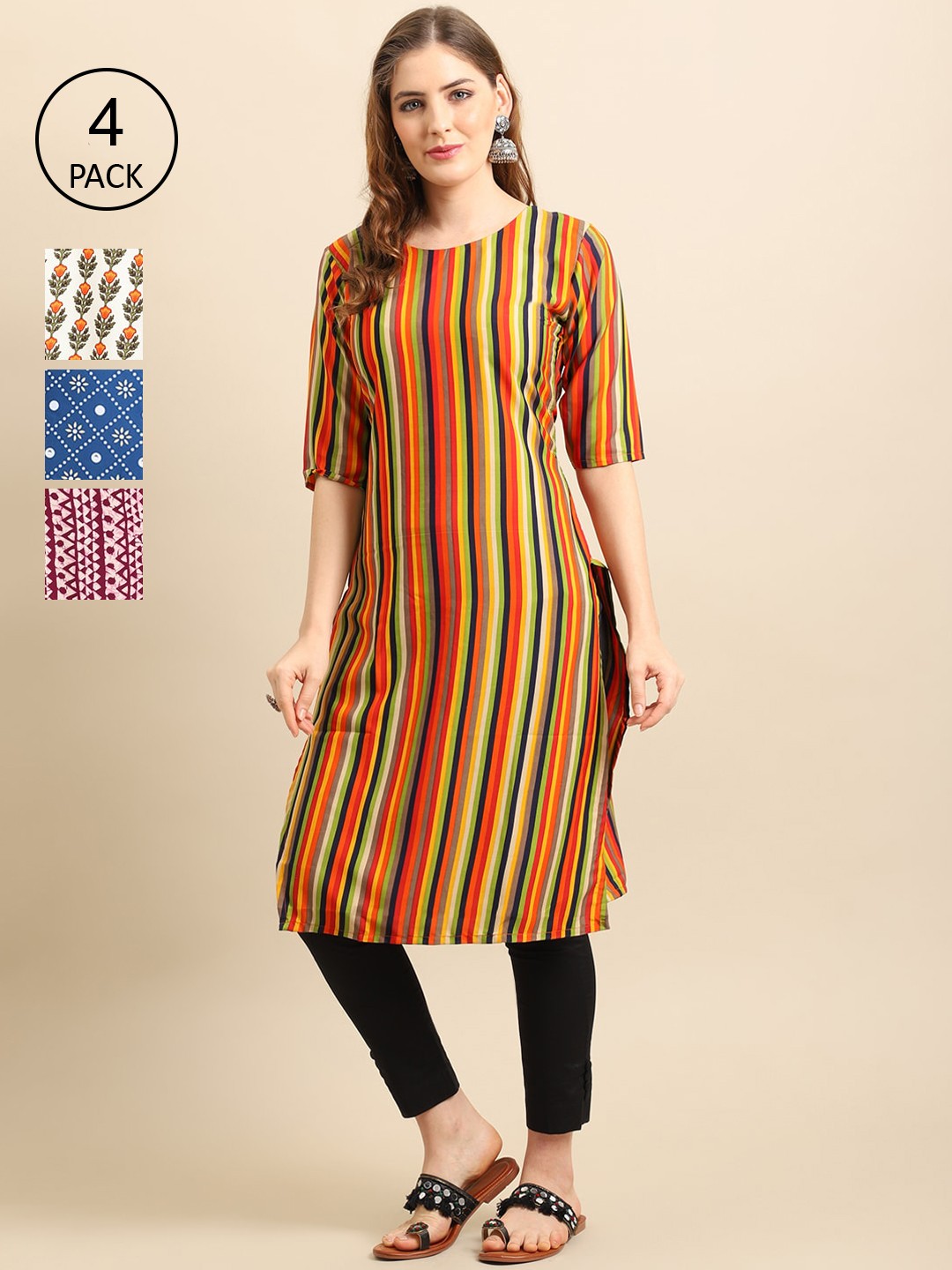 

Ethnic basket Women Pack Of 4 Floral Printed Crepe Straight Kurta, Orange