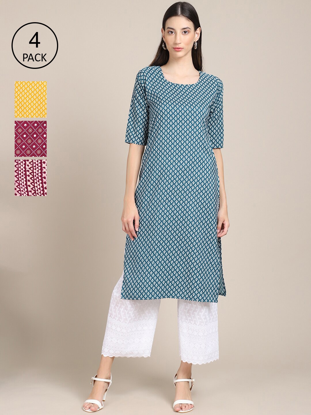 

Ethnic basket Pack of 4 Women Geometric Printed Crepe Kurta, Yellow