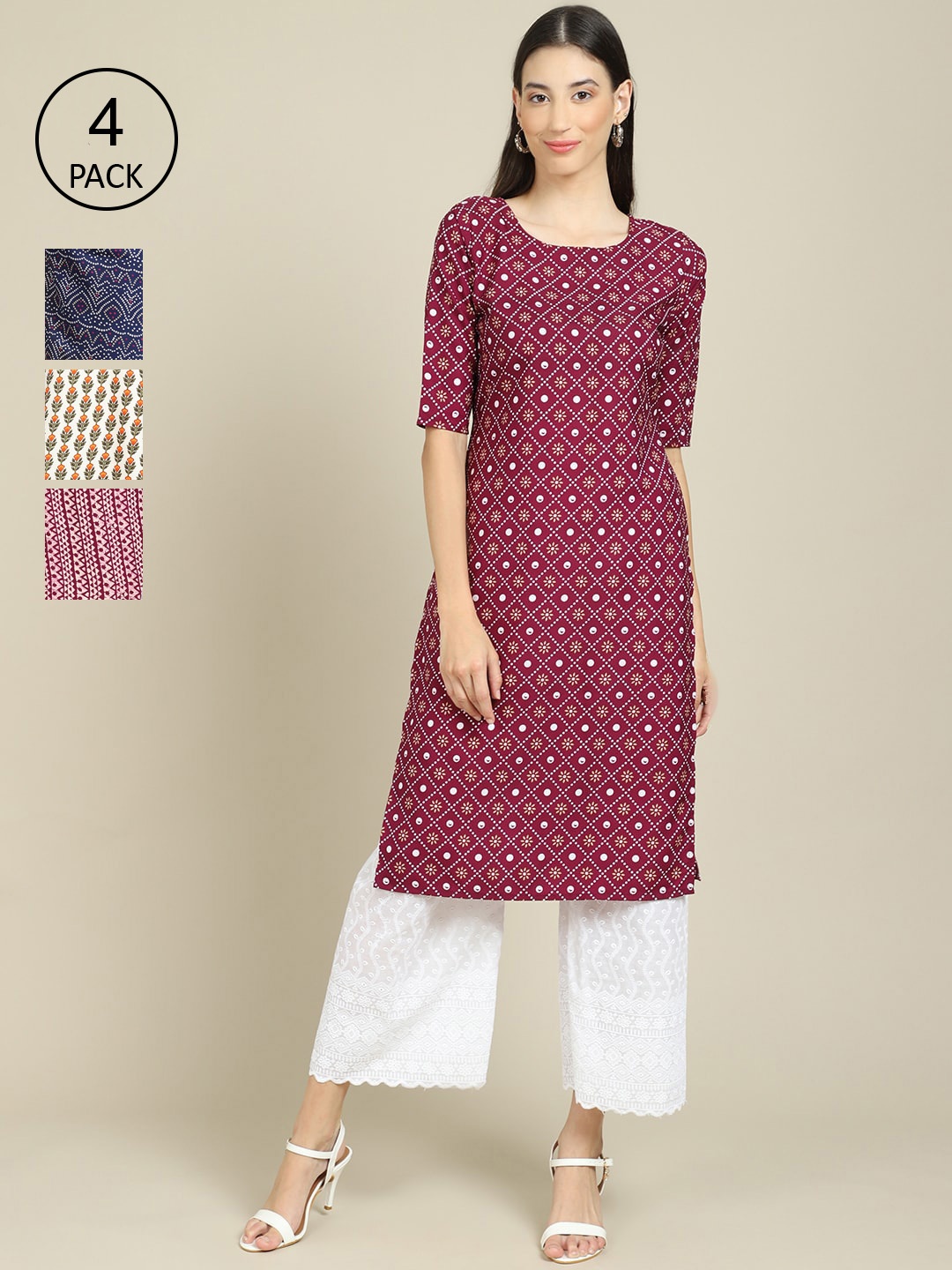 

Ethnic basket Women Pack Of 4 Purple & Blue Ethnic Motifs Printed Crepe Kurta