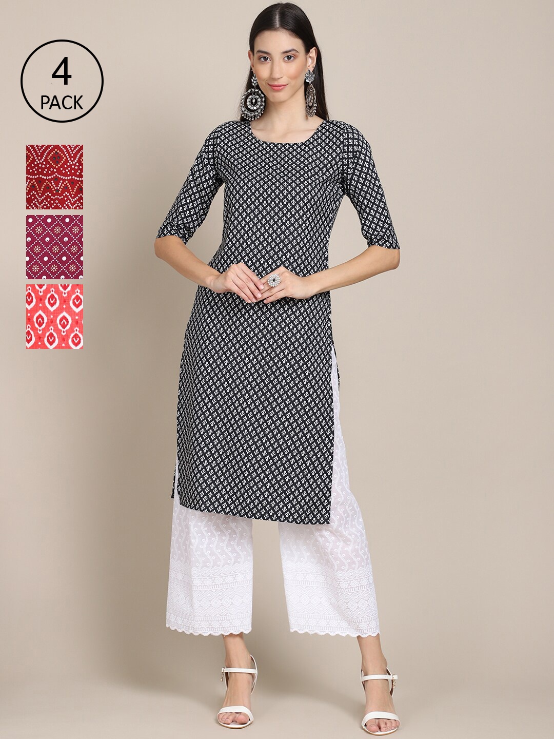 

Ethnic basket Women Pack of 4 Black & Maroon Printed Crepe Kurta
