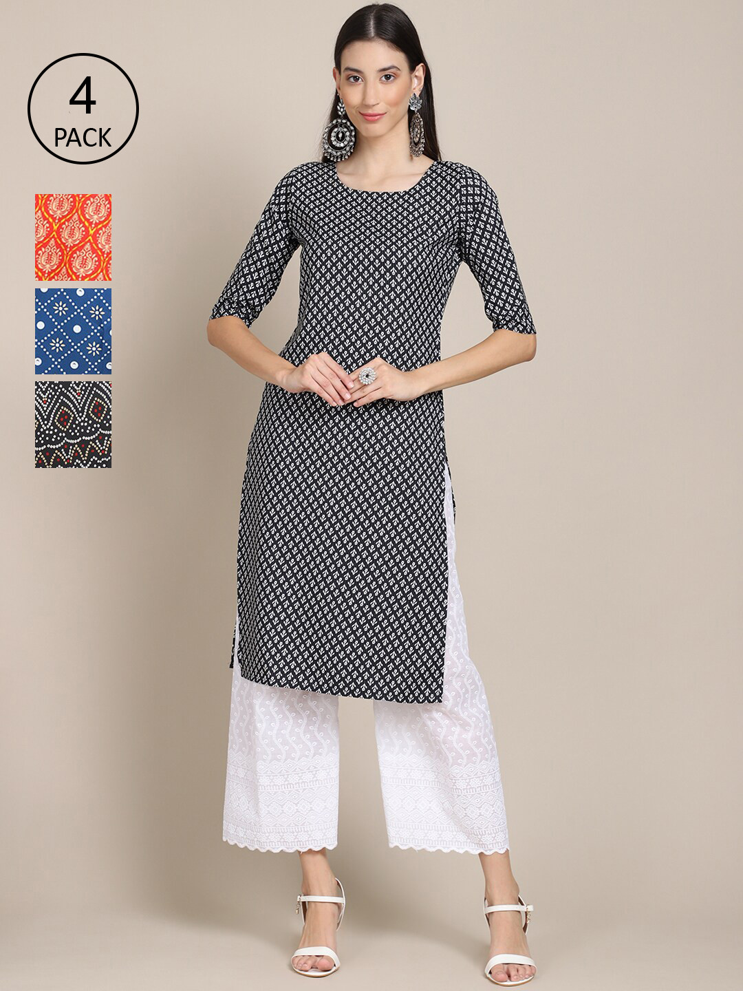 

Ethnic basket Women Pack of 4 Printed Crepe Kurtas, Black