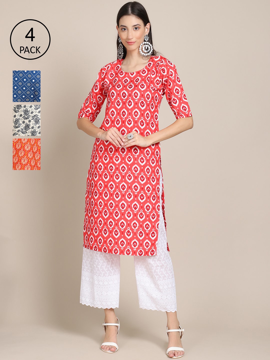 

Ethnic basket Women Pack Of 4 Ethnic Motifs Printed Crepe Kurta, Pink