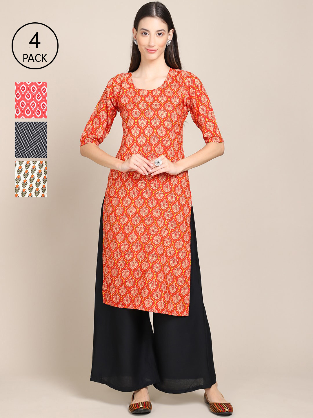 

Ethnic basket Women Pack of 4 Orange & Blue Ethnic Motifs Printed Crepe Kurta