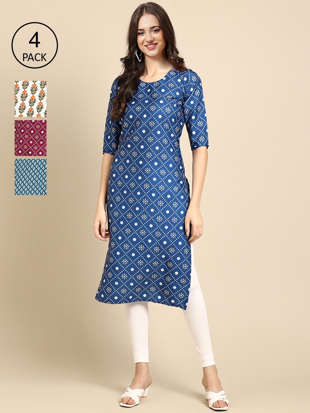 

Ethnic basket Stylish Women's Crepe Printed Straight Kurta (Pack of 4), Multi