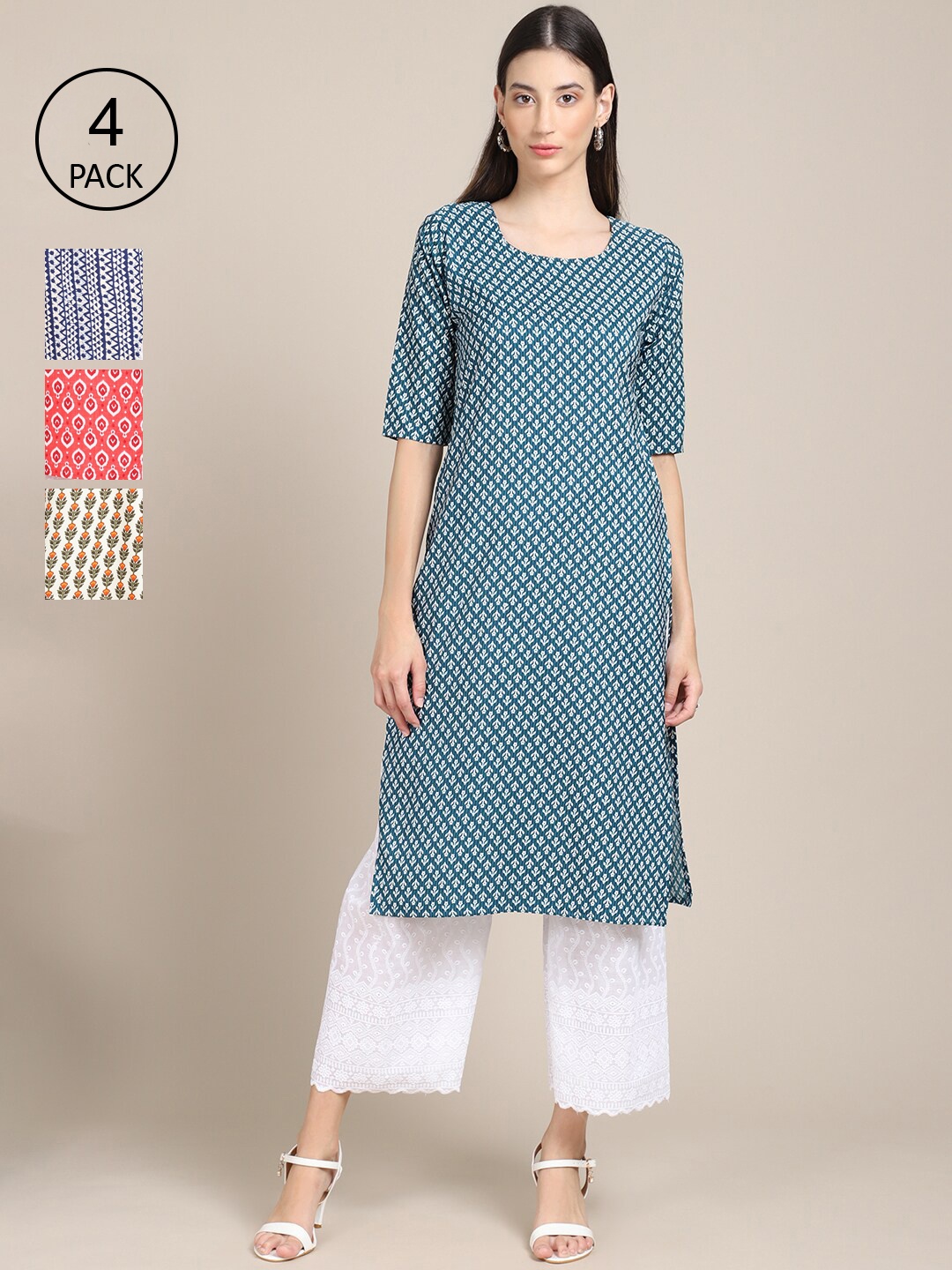 

Ethnic basket Women Pack Of 4 Ethnic Motifs Printed Crepe Kurta, Blue