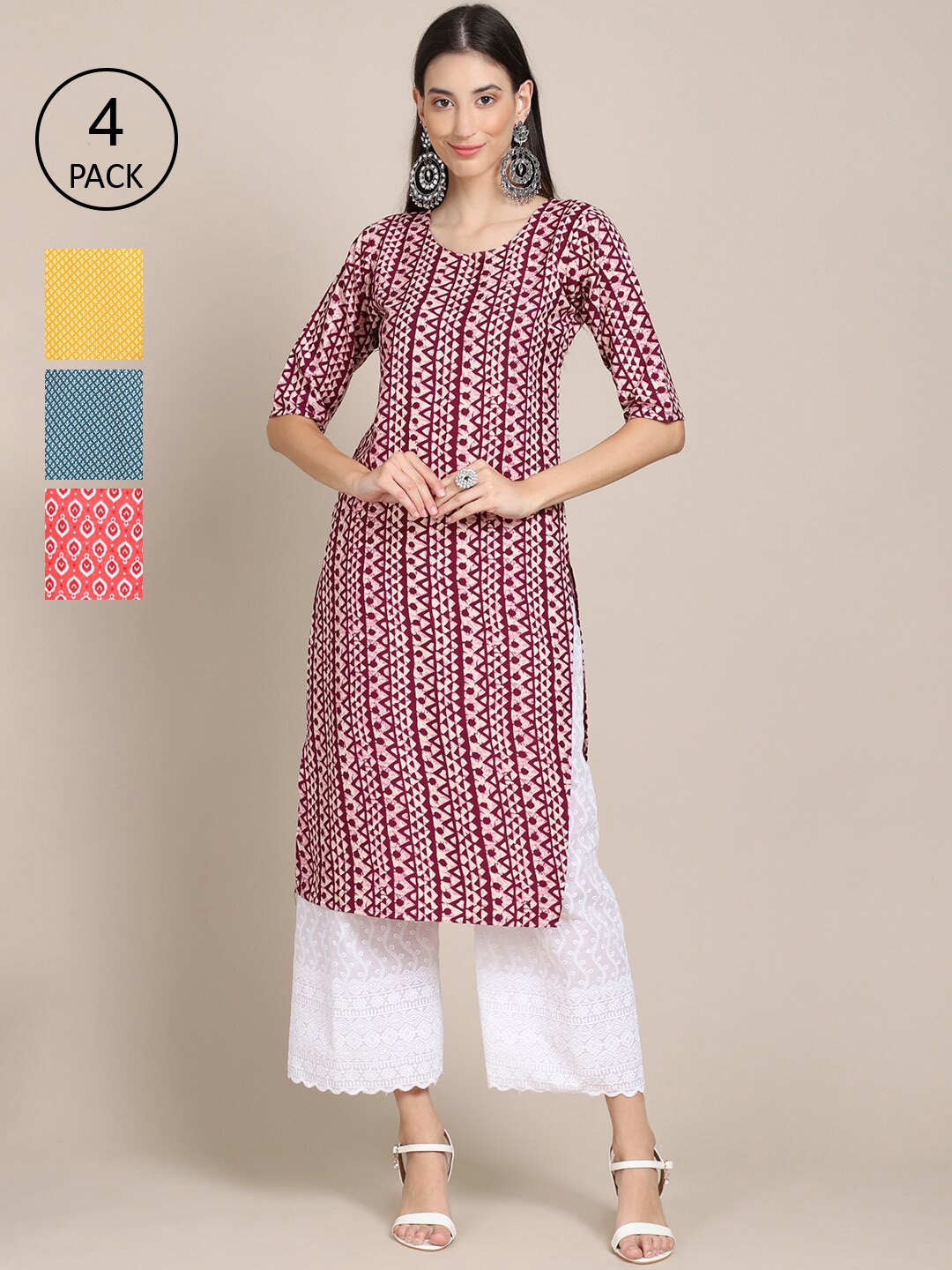 

Ethnic basket Women Pack of 4 Ethnic Motifs Printed Crepe Kurta, Maroon