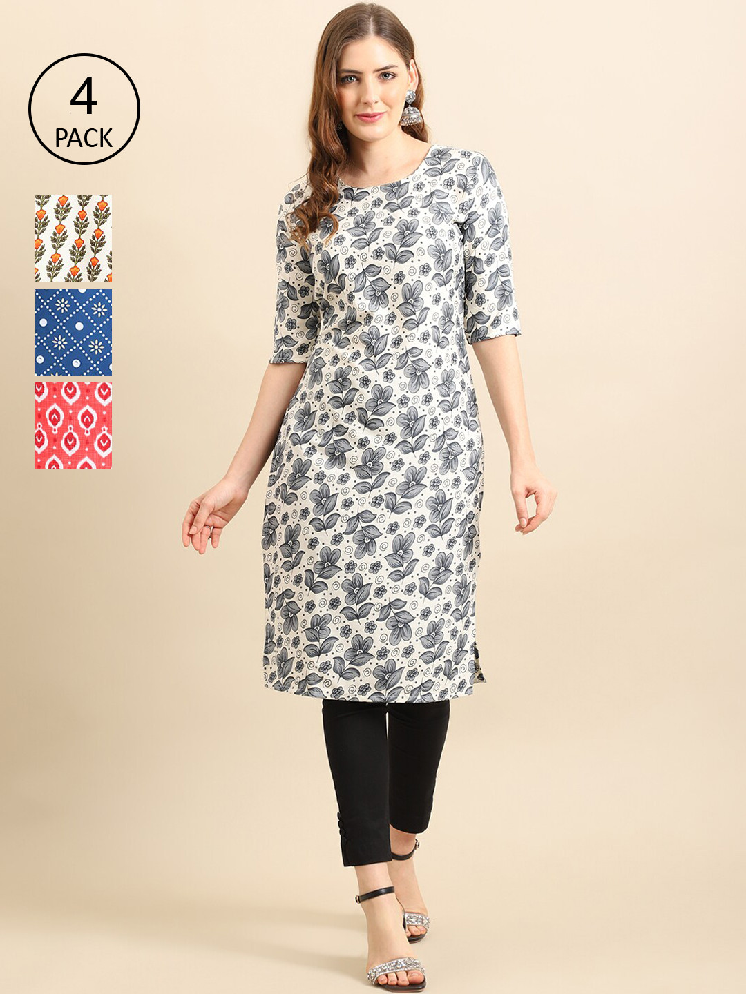 

Ethnic basket Women Pack of 4 Block Print Crepe Kurta, Grey