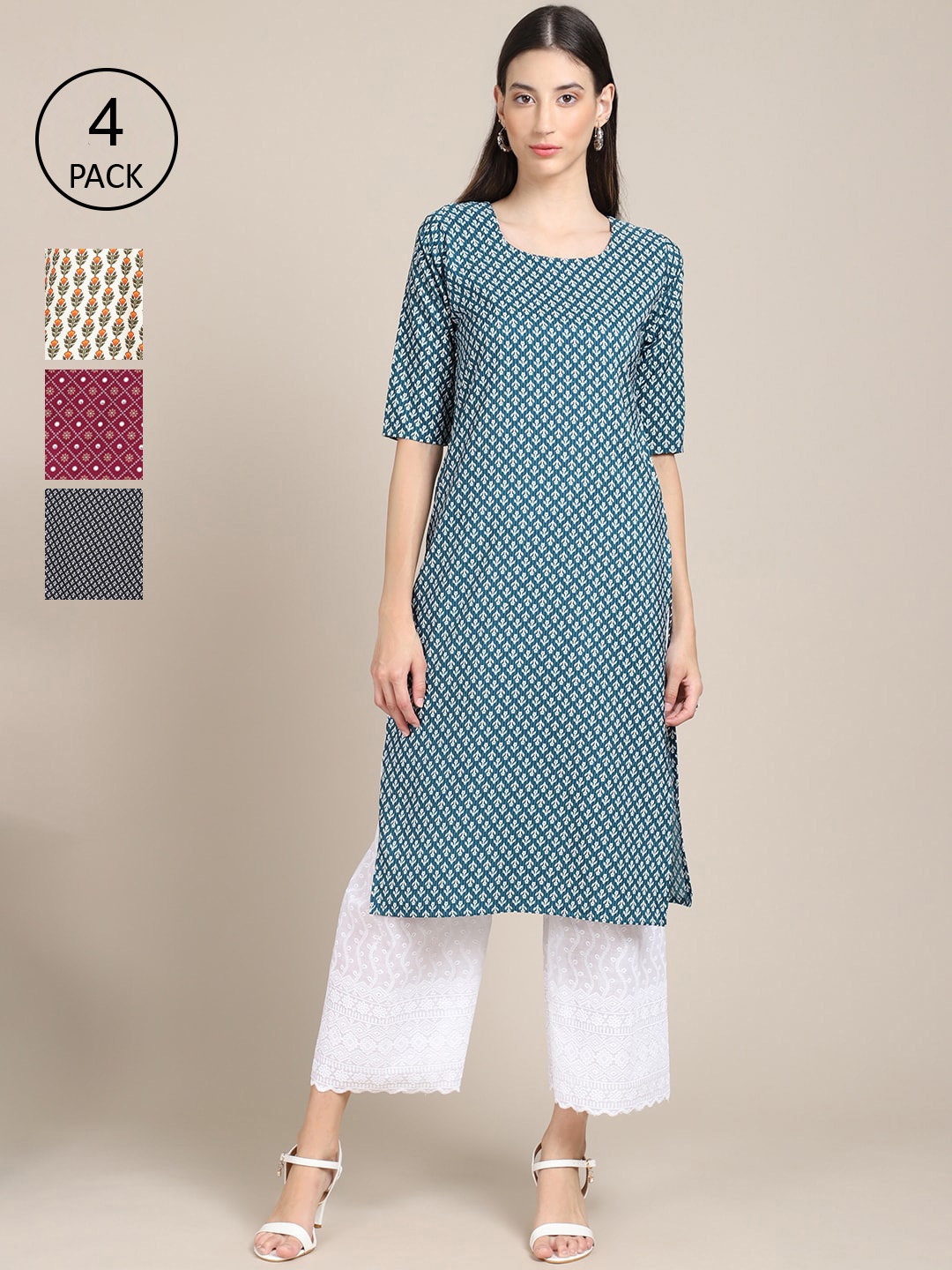 

Ethnic basket Women Blue & Off White Floral Printed Crepe Kurta