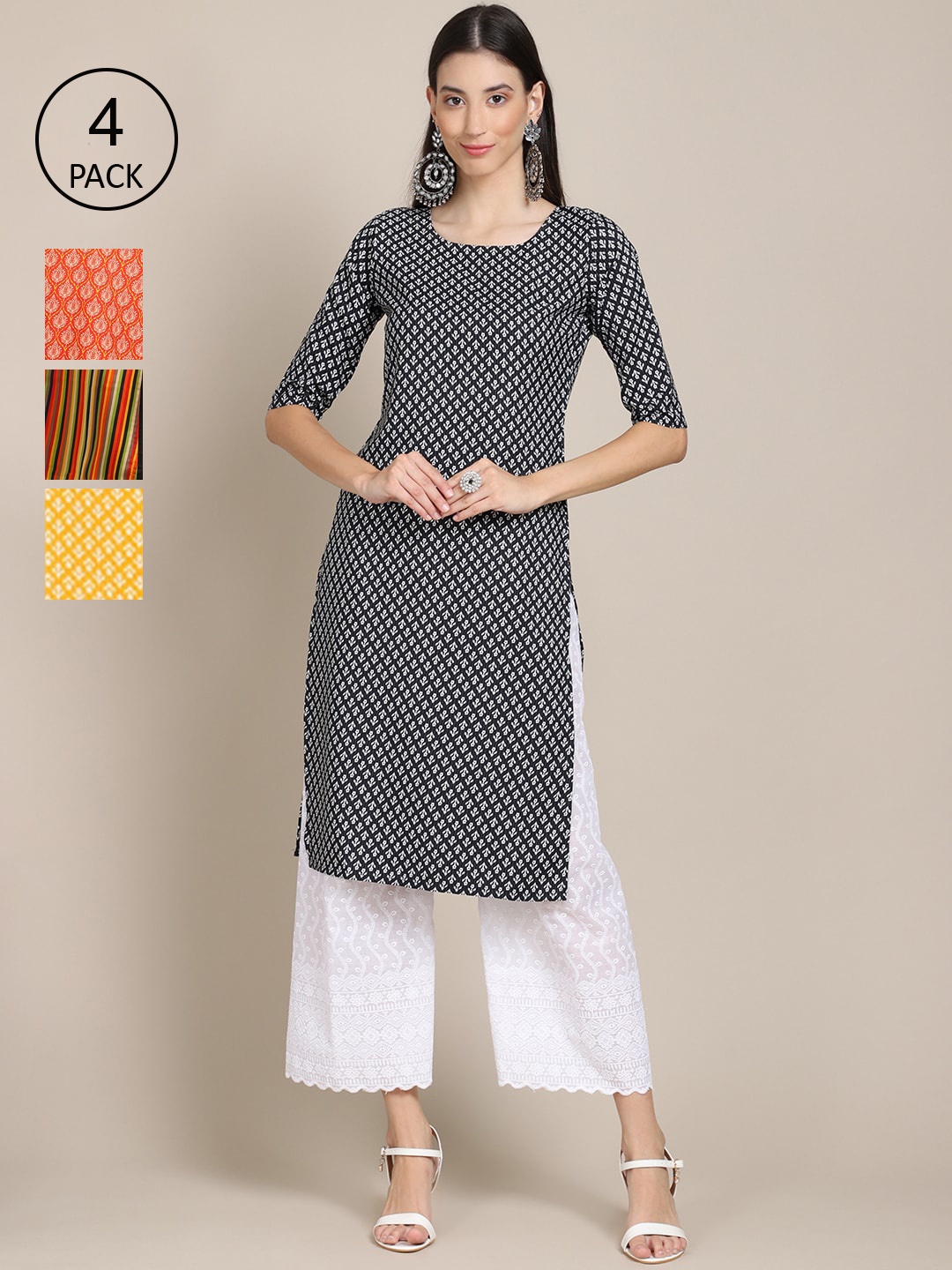 

Ethnic basket Women Pack of 4 Black & Orange Geometric Printed Crepe Kurta