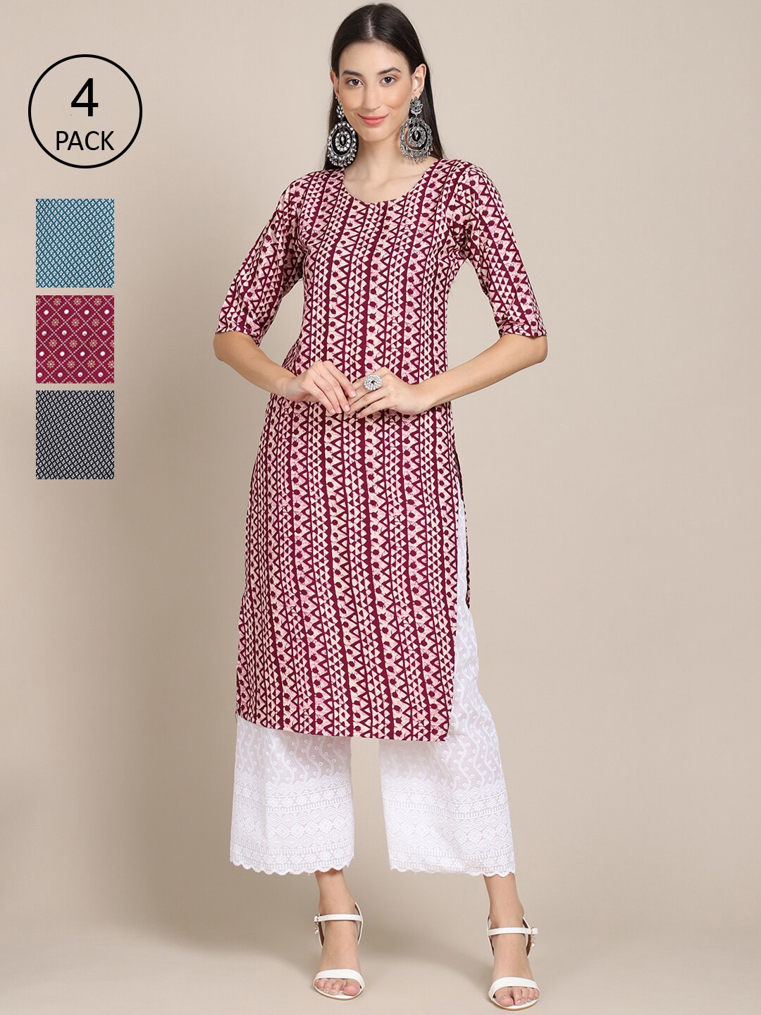

Ethnic basket Women Pack Of 4 Maroon & Blue Geometric Printed Crepe Kurta