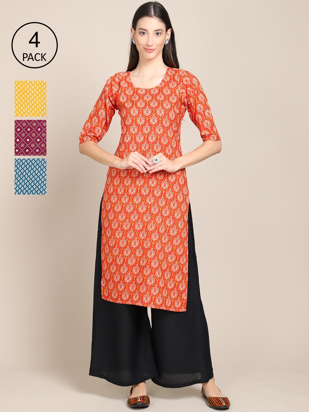 

Ethnic basket Pack of 4 Women Ethnic Motifs Printed Crepe Kurta, Orange