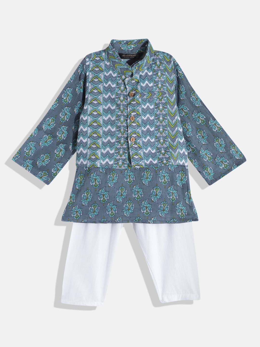 

Readiprint Fashions Boys Grey & Navy Blue Ethnic Printed Cotton Kurta Set & Nehri Jacket