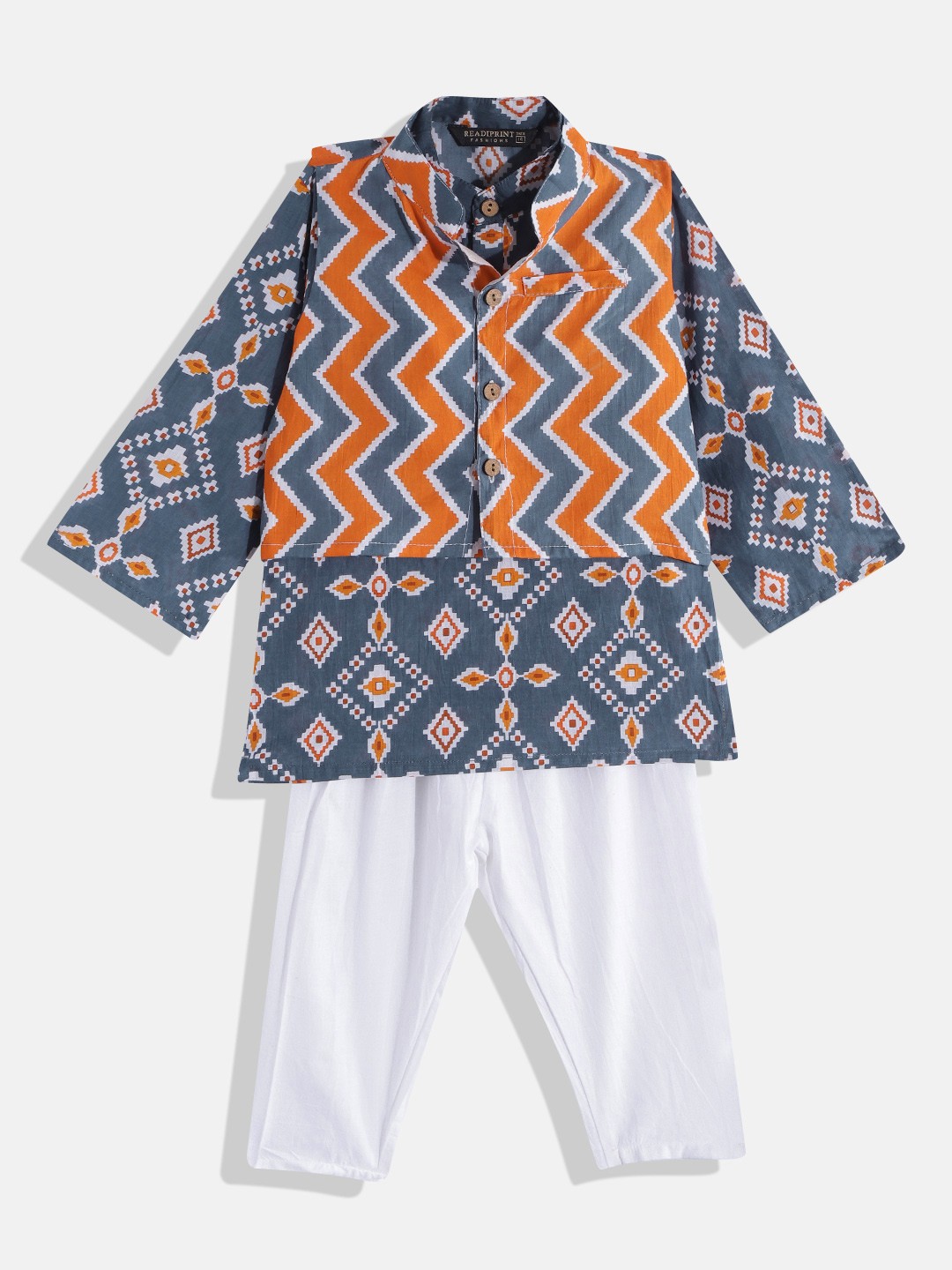 

Readiprint Fashions Boys Navy Blue & Mustard Yellow Printed Cotton Kurta Set With Jacket