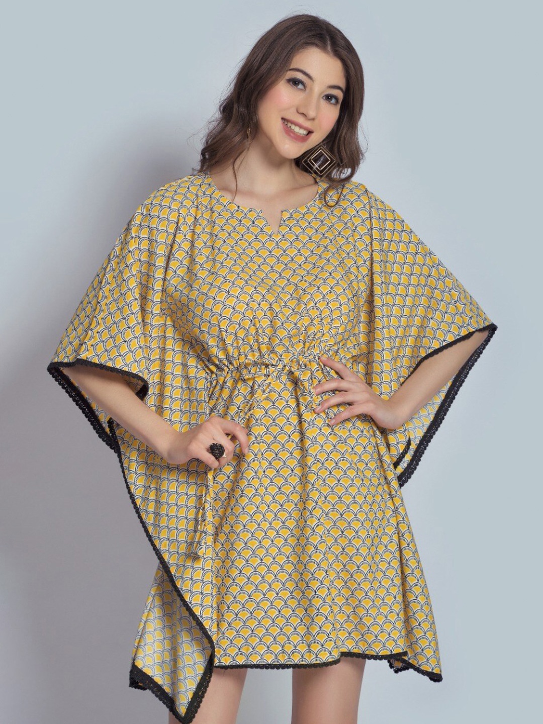 

RIVAMA Yellow Kaftan Cotton Dress