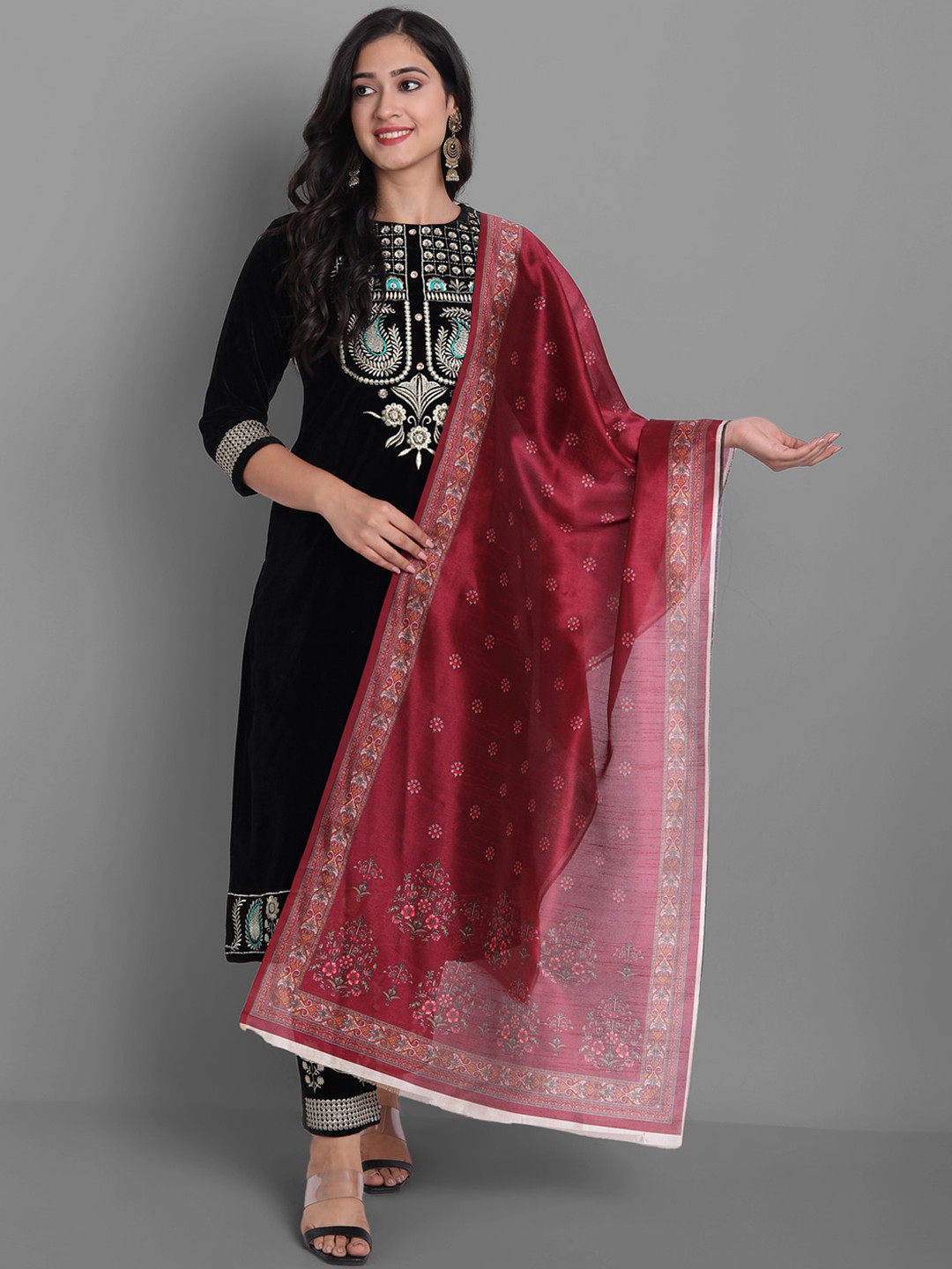 

Ziva Fashion Women Black Embroidered Layered Velvet Kurta with Churidar & With Dupatta