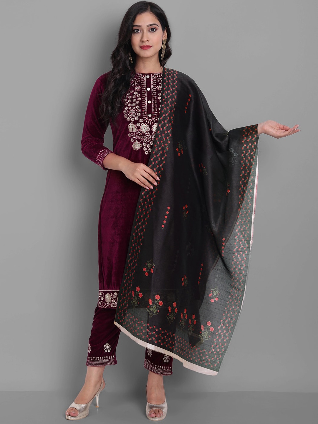 

Ziva Fashion Women Floral Embroidered Velvet Kurta with Trousers & Dupatta, Brown