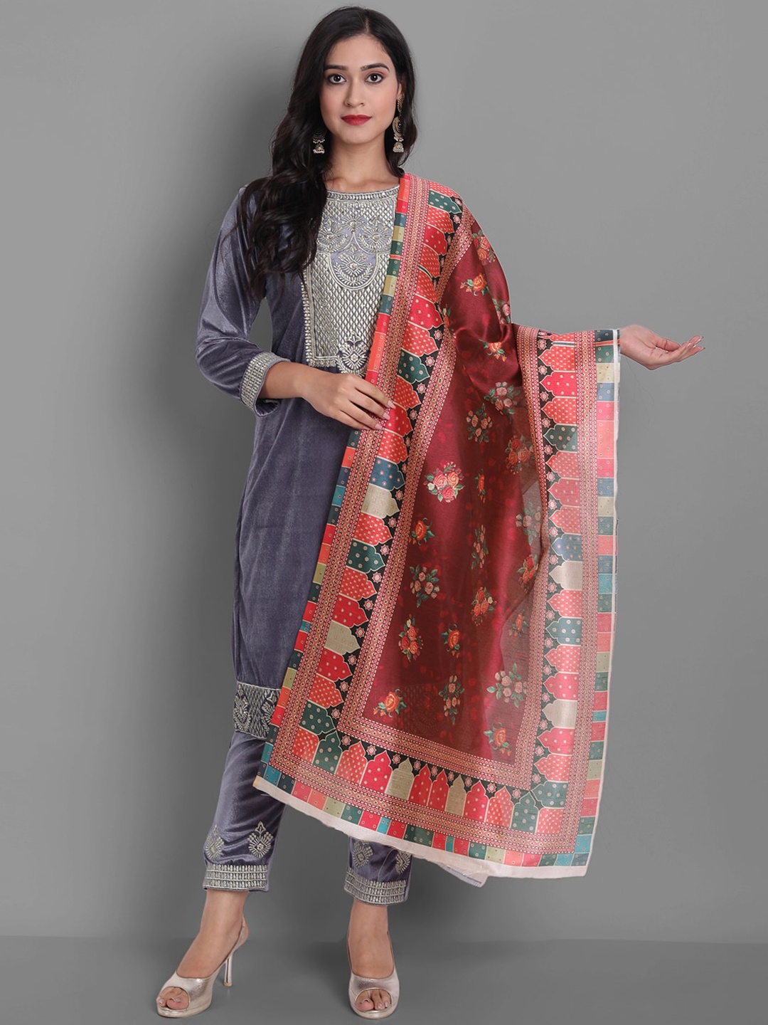 

Ziva Fashion Women Embroidered Velvet Kurta with Trousers & With Dupatta, Grey