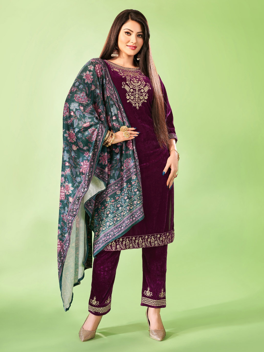 

Ziva Fashion Women Embroidered Yoke Design Velvet Kurta With Trouser And Printed Dupatta, Maroon