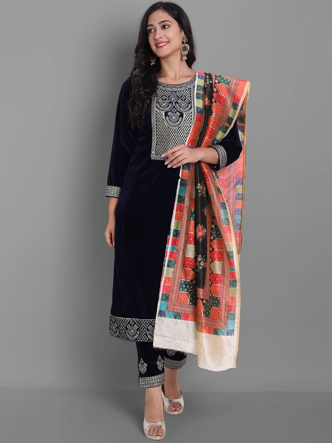 

Ziva Fashion Women Navy Blue Embroidered Velvet Kurti with Trousers & With Dupatta