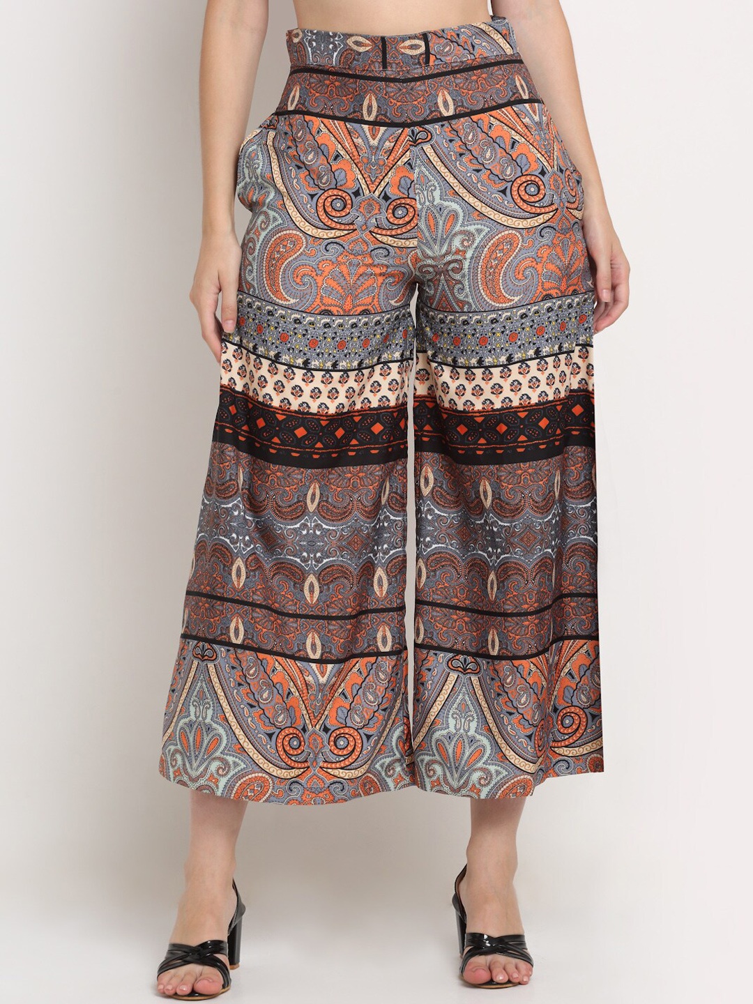 

SiaVira Women Brown Ethnic Motifs Printed Flared Culottes Trousers