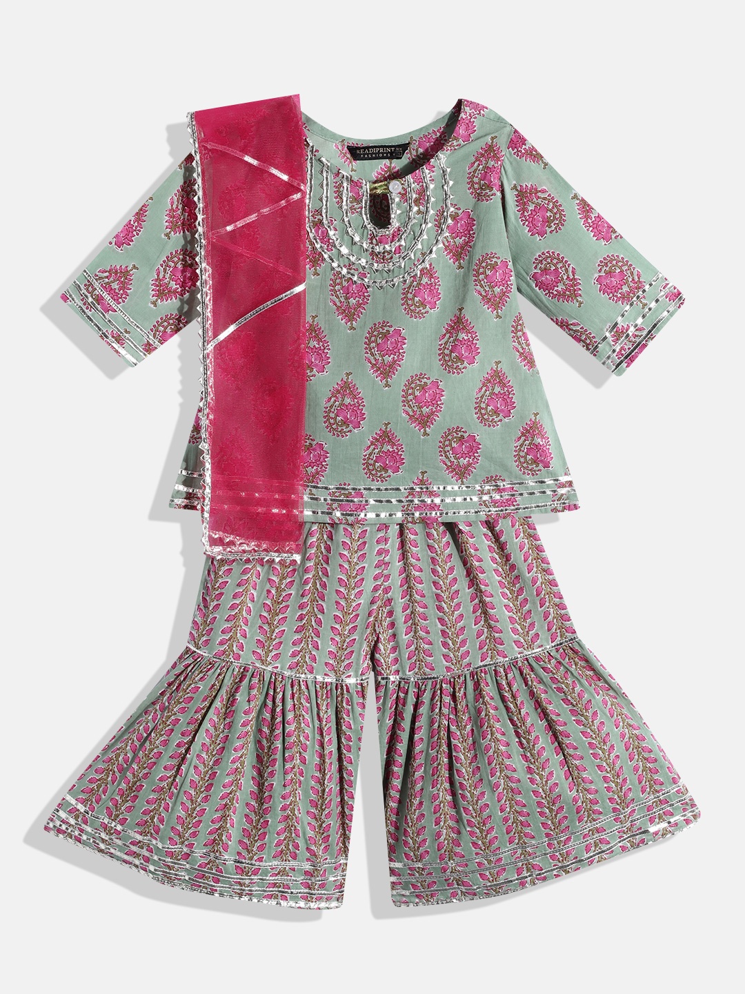 

Readiprint Fashions Girls Green & Pink Ethnic Printed Cotton Kurti with Sharara & With
