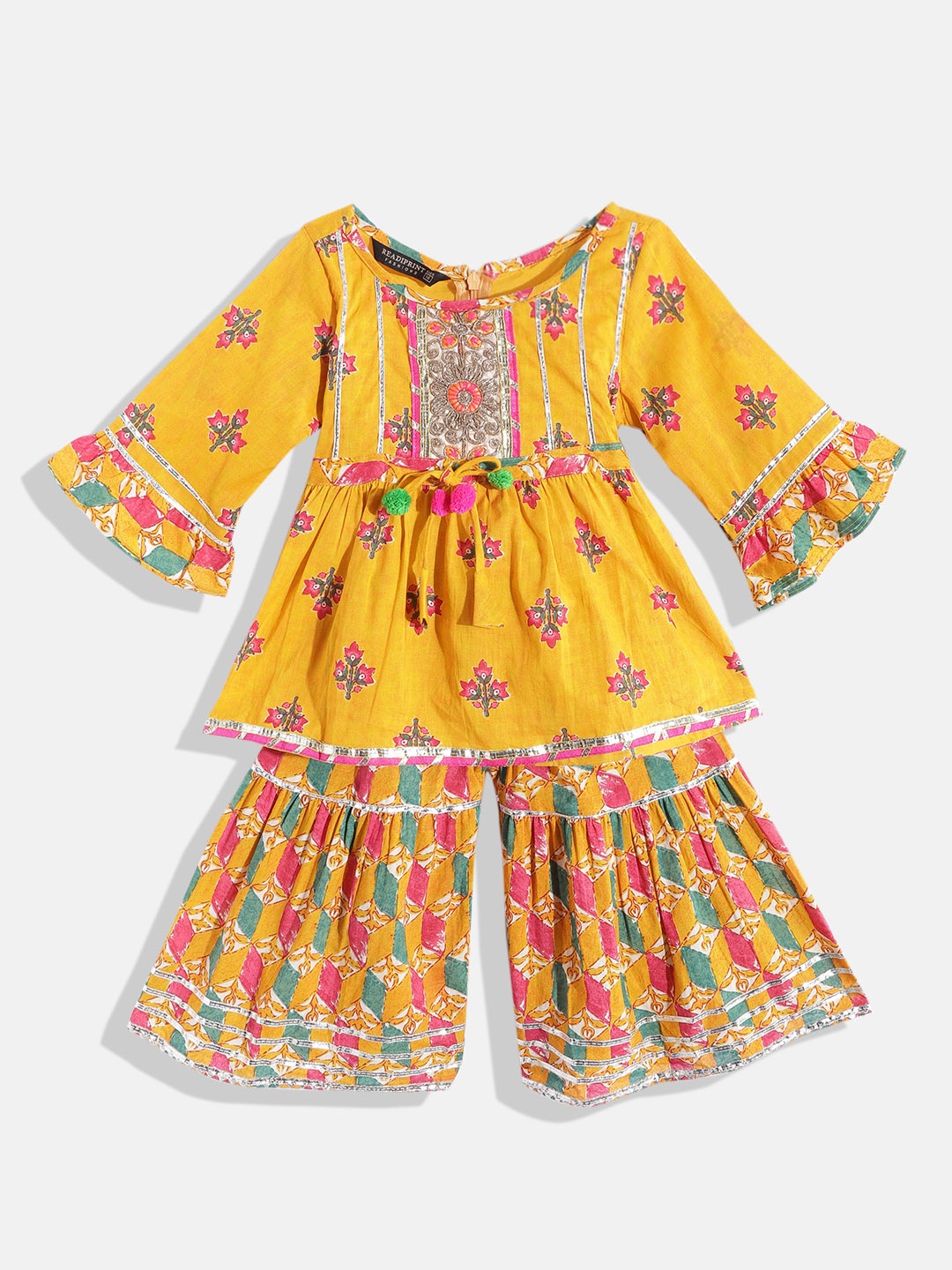 

Readiprint Girls Yellow & Pink Ethnic Printed Empire Cotton Kurti with Sharara