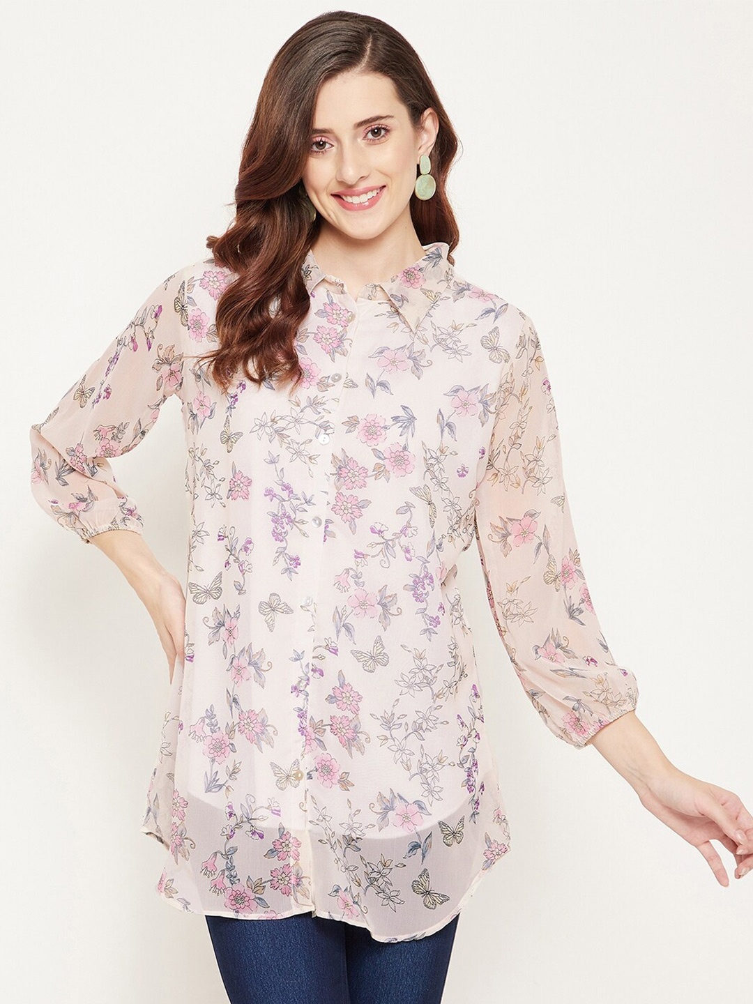 

Bitterlime Off White & Purple Shirt Collar Printed Tunic