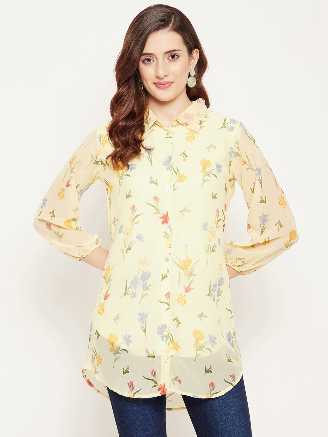 

Bitterlime Yellow & Red Shirt Collar Printed Tunic